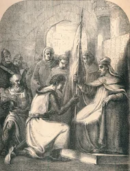 Hugo de Vermandois recibiendo una bandera consagrada del Papa Urbano