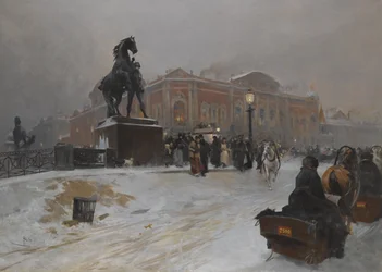 El puente Anichkov en Nevsky Prospekt al atardecer