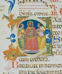 Rey David tocando un salterio, miniatura de Paolo Soldini, (detalle) de un Libro de Salmos