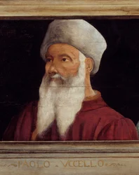 Cassone con 5 retratos del Maestro del Renacimiento Florentino detalle con el retrato de Paolo di Dono (1397-1475) llamado Paolo Uccello. La inscripción debajo es probablemente sucesiva. Museo del Louvre, París