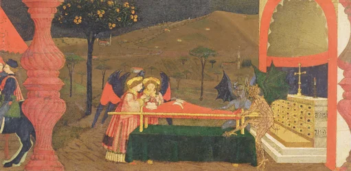 Predela de la profanación de la hostia: el cuerpo del prestamista judío custodiado por ángeles y demonios, hacia 1468 (detalle)