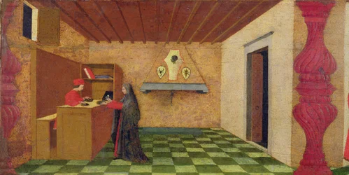 Predela de la Profanación de la Hostia: La mujer cristiana obligada a rescatar su manto a precio de la hostia consagrada por un prestamista judío, c.1467-69 (temple sobre tabla) (detalle)