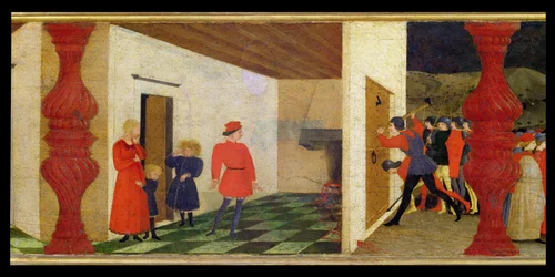 Predela de la profanación de la hostia: el prestamista judío asa la hostia consagrada en el fuego, del que mana sangre, atrayendo la atención de los alguaciles que derriban la puerta, hacia 1468 (detalle)