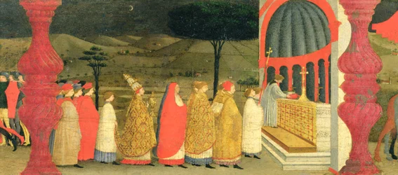 Predela de la profanación de la hostia: el papa devuelve la hostia consagrada al altar, hacia 1468 (detalle)