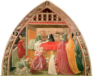 El nacimiento de la Virgen. Las parteras cuidan a la recién nacida mientras una sirvienta lava las manos de la Virgen. Pintura de Paolo Uccello