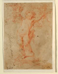 Dibujo, Cupido levantando ramos de flores con ambos brazos, 1710-28
