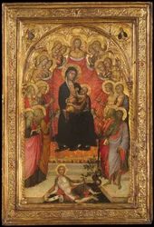 Madonna y el Niño entronizados con San Juan Evangelista, San Pedro, Santa Inés..., c1385-90