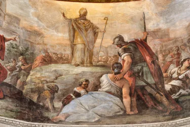Frescos de Paolo de Matteis fechados en 1714 en la bóveda y en el tambor, que representan la vida del Santo, Capilla de San Cataldo en la Catedral, Taranto, Italia (foto)