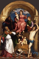 Madonna entronizada con niño y santos, ca 1530