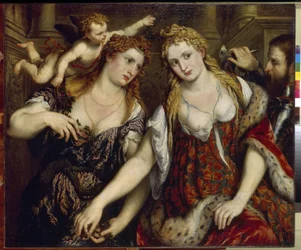 Flora, Venus, Marte y Cupido (Flora, Venus, Marte y Cupido). Pintura de Paris Bordone (1500-1571), óleo sobre lienzo, hacia 1550. Arte italiano (Venecia)