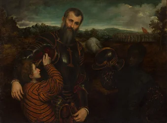 Retrato de un hombre en armadura con dos pajes