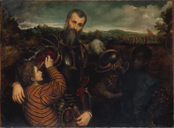 Retrato de un hombre con armadura y dos páginas