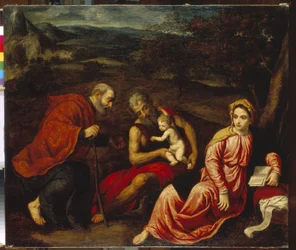 Descanso en la Huida a Egipto. Pintura de Paris Bordone (1500-1571), óleo sobre lienzo