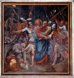 Vida de Cristo: «El beso de Judas y la captura de Cristo» (Pasión de Cristo, el beso de Judas y la captura de Jesús), fresco (1536-1601), 1594-1600, Roma, iglesia de Santa Prassede (Santa Prassede), Italia
