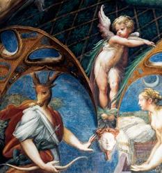 Diana transforma a Acteón en ciervo, detalle del Mito de Diana y Acteón, hacia 1524, de Francesco Mazzola, conocido como Parmigianino (1503-1540), fresco, Sala de Diana y Acteón, Rocca Sanvitale, Fontanellato, cerca de Parma, Emilia-Romaña, Italia