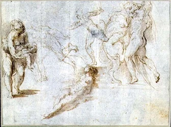 Estudios de Figuras: Mujer Sosteniendo un Bebé; Hombre Perseguido por Otro; Mujer Desnuda Tumbada en el Suelo; Hércules y el León de Nemea