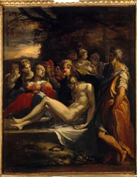 El Entierro de Cristo. El cuerpo de Cristo colocado en un sudario, por La Virgen María, María Magdalena y San Juan. Pintura de Parmigianino (1503-1540), óleo sobre lienzo. Arte italiano (Parma)