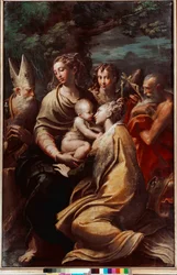 La Virgen con el Niño, santa Margarita, san Miguel, san Jerónimo y san Petronio (Petrone, Petronius). Pintura de Francesco Mazzola, llamado Il Parmigianino o el Parmesano (1503-1540), 1528-1529. Dimensiones: 222 x 147 cm. Bolonia, Pinacoteca Nazionale.