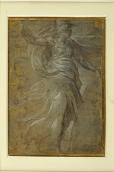 Minerva con un escudo en su mano izquierda, una lanza en su mano derecha