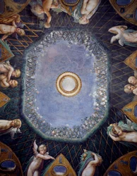 Putti y vislumbre del cielo, circa 1524, por Francesco Mazzola, conocido como Parmigianino (1503-1540), fresco, bóveda de la Sala de Diana y Acteón, Rocca Sanvitale, Fontanellato, cerca de Parma, Emilia-Romaña, (detalle)