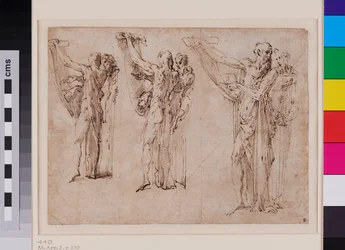 Tres estudios de San Jerónimo y San Francisco conversando, anverso c. 1534 - 1539 (pluma y tinta parda con aguada gris sobre papel verjurado)