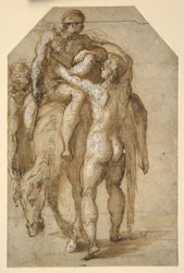 Dos hombres desnudos levantando a un hombre enfermo de un caballo cansado
