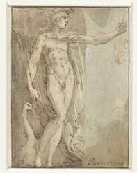 Mercurio de pie en un nicho con un violín y un ibis