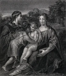 Santa María (la Santísima Virgen) con el Niño Jesús, san Juan Bautista y santa María Magdalena. Grabado según G.F.M. Mazzola, el Parmigianino.