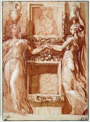 Dos canéforas dando la mano, a ambos lados de cajas. Dibujo en tinta, lavado, sangre y solapas blancas por Girolamo Francesco Maria Mazzola dit Parmigianino o Le Parmesan