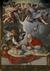 Spanish:  Cristo yacente adorado por el papa Pío V The dead Christ venerated by Pius V