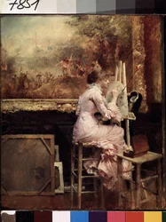 ""Joven artista haciendo una acuarela en el Museo del Louvre"" (Joven acuarelista en el Louvre) Está vestida a la moda de la Belle Epoque y sentada en un taburete. Pintura de Pascal Adolphe Jean Dagnan-Bouveret (Dagnan Bouveret) (1852-1929) alrededor de 18