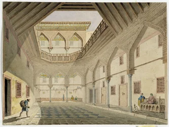 Vista del interior de un caravasar, casa de Azir Osman Agha. Acuarela de Pascal Coste (1787-1879) Museo de Arqueología del Mediterráneo, Marsella