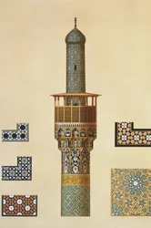 Un minarete y detalles cerámicos de la mezquita de Medrese-i-Shah-Hussein, Isfahan, lámina 24-25 de 