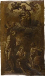 La Virgen y el Niño en la Gloria con los santos Sebastián, Juan Evangelista y Roque, c.1610 (óleo con grafito (barnizado) sobre papel verjurado crema)