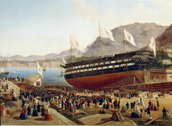 Inauguración del buque Monarca en el arsenal de Castellammare en Nápoles en 1854, detalle. Siglo XIX, Nápoles, Museo Nazionale di San Martino