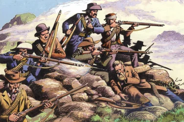 1880, Bóers del Transvaal luchando en Majuba Hill durante la Primera Guerra Bóer (gouache sobre papel)