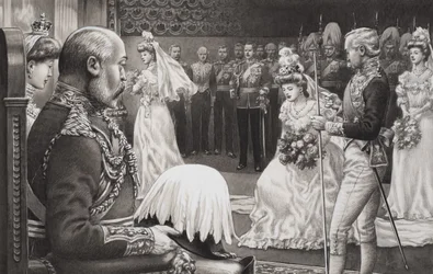 Presentación de debutantes a Eduardo VII (1844-1925) y la reina Alexandra (1841-1910) (gouache sobre papel)