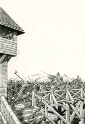 Conquista normanda: las tropas avanzan por el Támesis (gouache sobre papel)