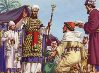 Los tres reyes magos preguntan a Herodes: "¿Dónde está el niño que ha nacido para ser Rey de los judíos". (gouache sobre papel)