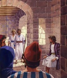 Los dos mensajeros de Dios visitan Sodoma (gouache sobre papel)