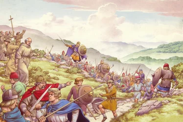 El rey Aethelfrith envía a un soldado a masacrar a mil doscientos monjes (gouache sobre papel)