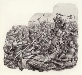 Caballeros masacrados en el campo de batalla (gouache sobre papel)