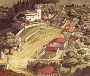 La villa fortificada de los Médicis en Trebbio (gouache sobre papel)