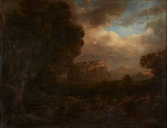 Vista lejana de Edimburgo, con viajeros en primer plano (óleo sobre lienzo)