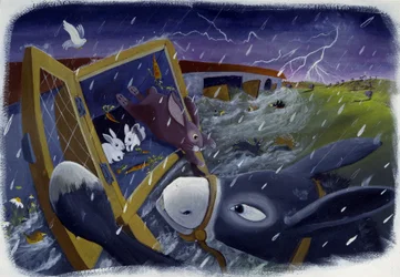 Los animales y el Arca de Noé durante el Diluvio, ilustración de Patrizia La Porta.