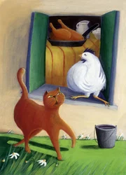 Gato y gallina en el patio de la granja - ilustración de Patrizia La Porta