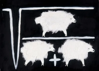 Clonación: Un símbolo matemático que representa operaciones de cálculo de raíz cuadrada, división y suma, con una oveja utilizada como conejillo de Indias. Collage de algodón blanco sobre fondo negro.