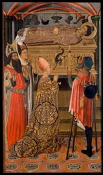 Princesa Eudocia (Eudoxia) (408-460) ante la tumba de San Esteban - Princesa Eudoxia ante la tumba de San Esteban - Pintura de la familia Vergos (activo a finales del siglo XV) - c. 1495 - Témpera sobre tabla - 192,3x114 - Museu Nacional d