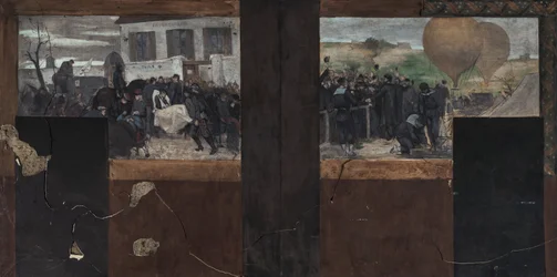 Croquis del despacho del Prefecto en el Ayuntamiento de París: Transporte de los heridos a la ambulancia - Salida del Armand Barbès