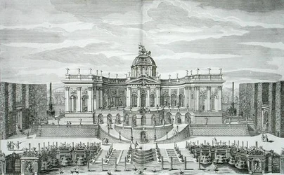 La Gran Gruta y el Jardín de la Fuente en el Palacio y Jardines del Placer Princely, Berlín, grabado por Johann August Corvinus, publicado c.1711-16
